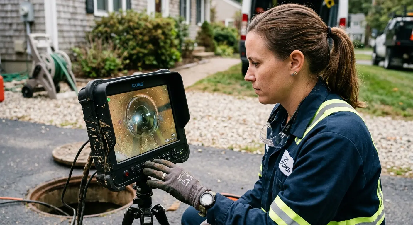 Technician reviewing sewer camera inspection footage in Homestead Meadows North