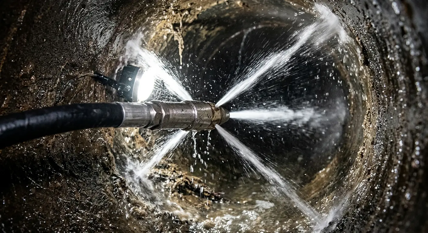 High-pressure hydro jetting nozzle cleaning sewer pipe for Sewer Cleanout in Homestead Meadows North
