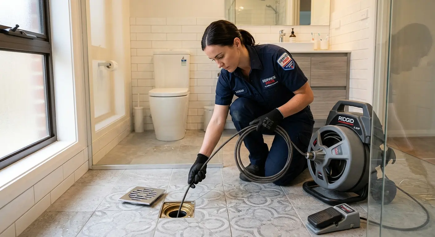 Technician clearing a bathroom floor drain for Clogged Drain Repair in Homestead Meadows North